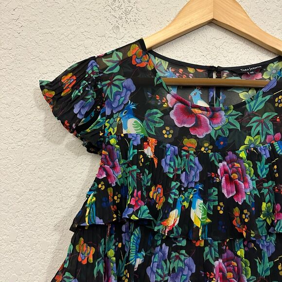 NWOT TARA JARMON Chiffon Pleated Tiered Dress in Multi Floral & Bird Print - Picture 6 of 15